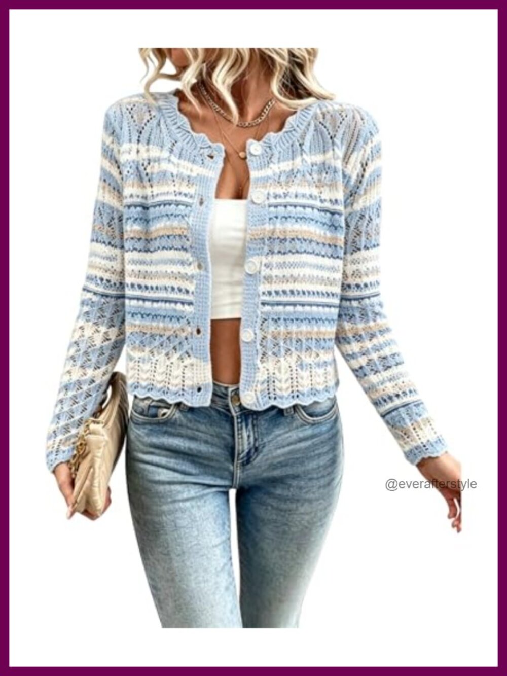 Hollow Out Knit Cardigan Scalloped Crewneck Cropped Sweater Button Front